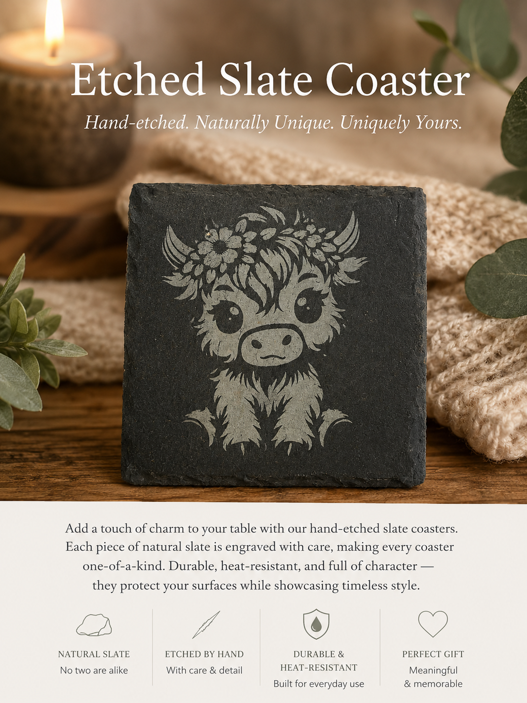 Highland Cow Etched Slate Coaster Set