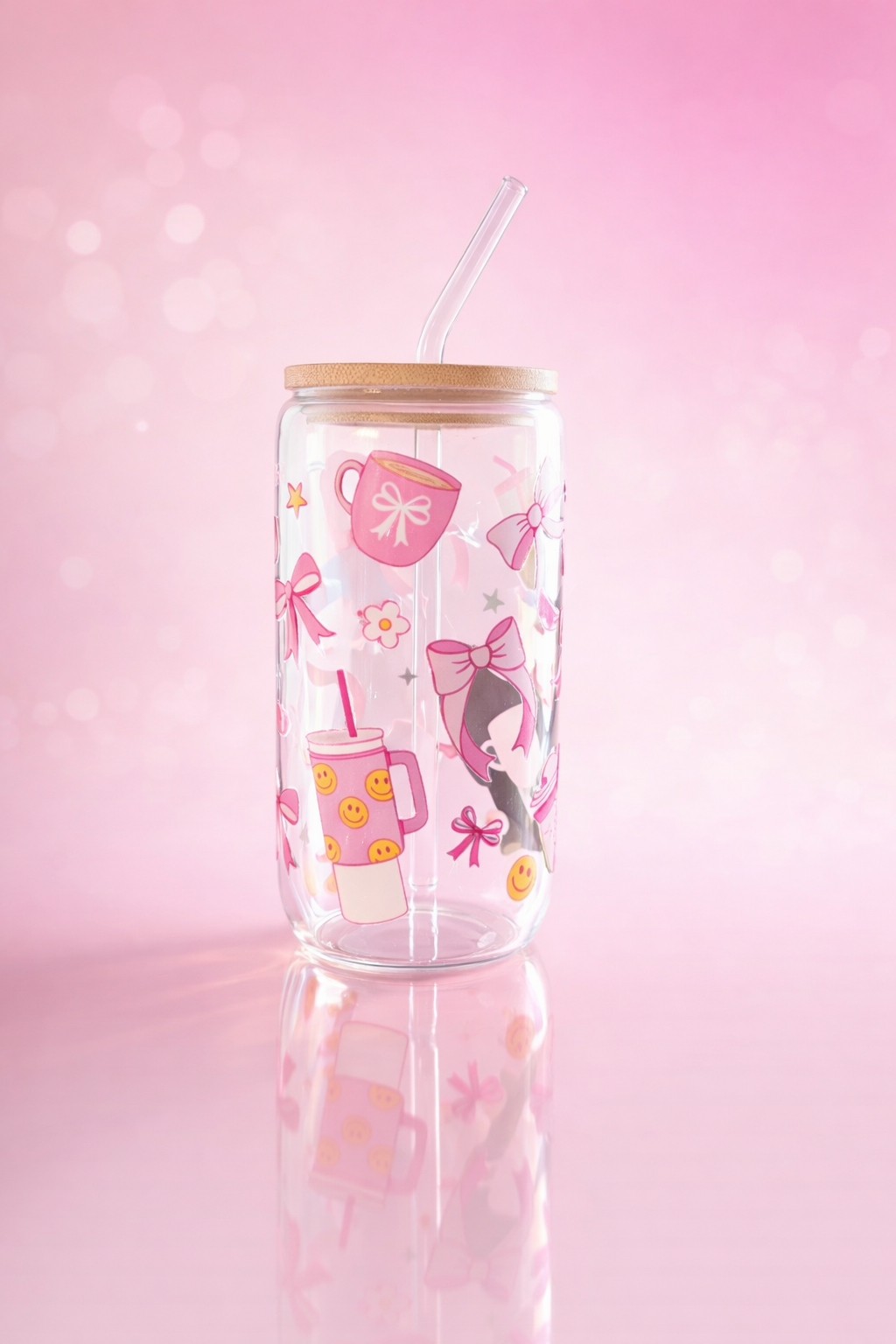 Pink Bow Glass Tumbler with Bamboo Lid & Straw
