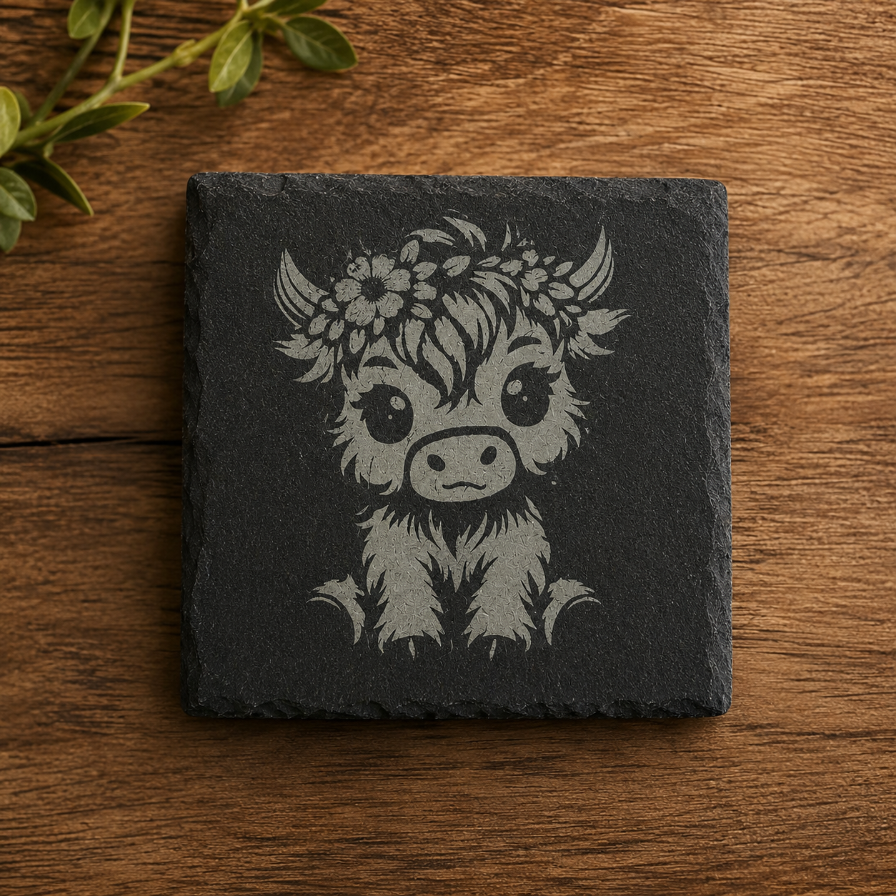 Highland Cow Etched Slate Coaster Set