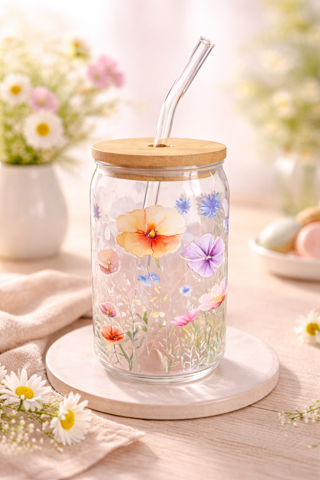 Floral Glass Tumbler with Bamboo Lid & Glass Straw