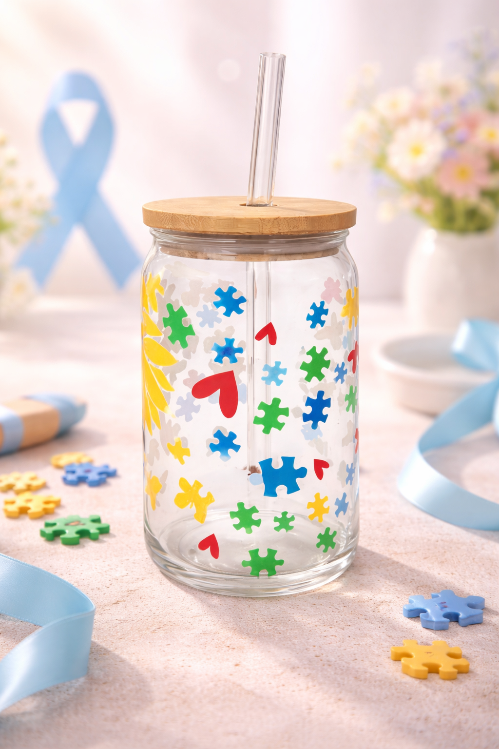 Gold Butterfly Autism Awareness Glass Cup - 16 oz