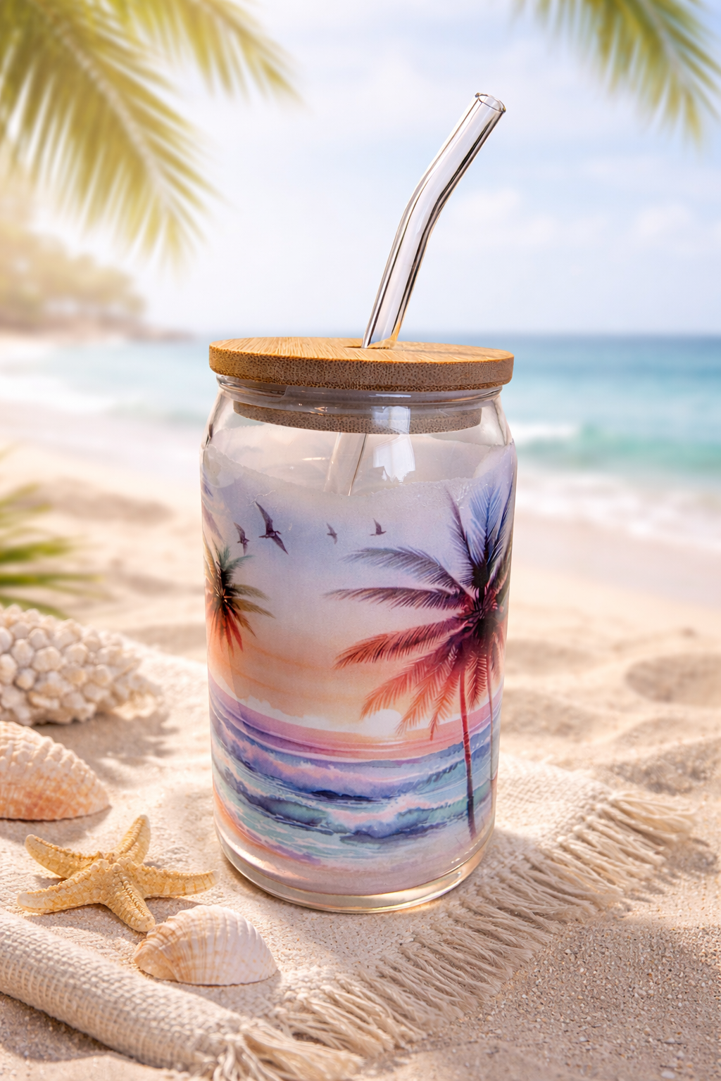 Tropical Sunset Glass Cup with Bamboo Lid & Straw