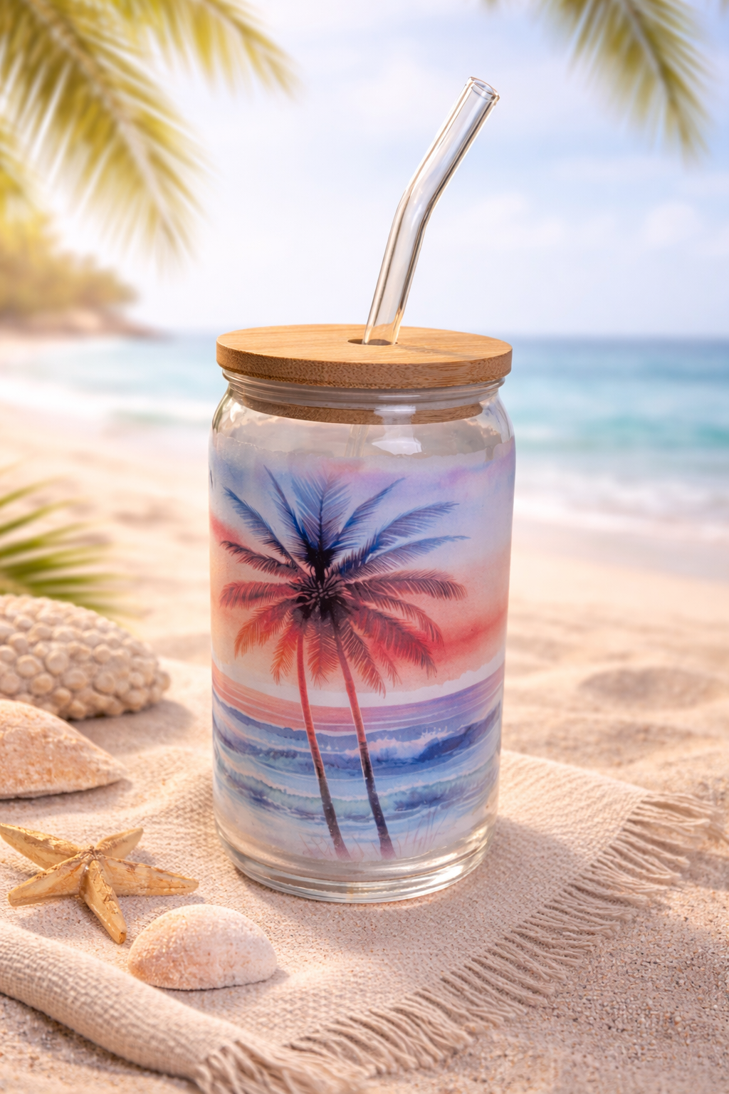 Tropical Sunset Glass Cup with Bamboo Lid & Straw