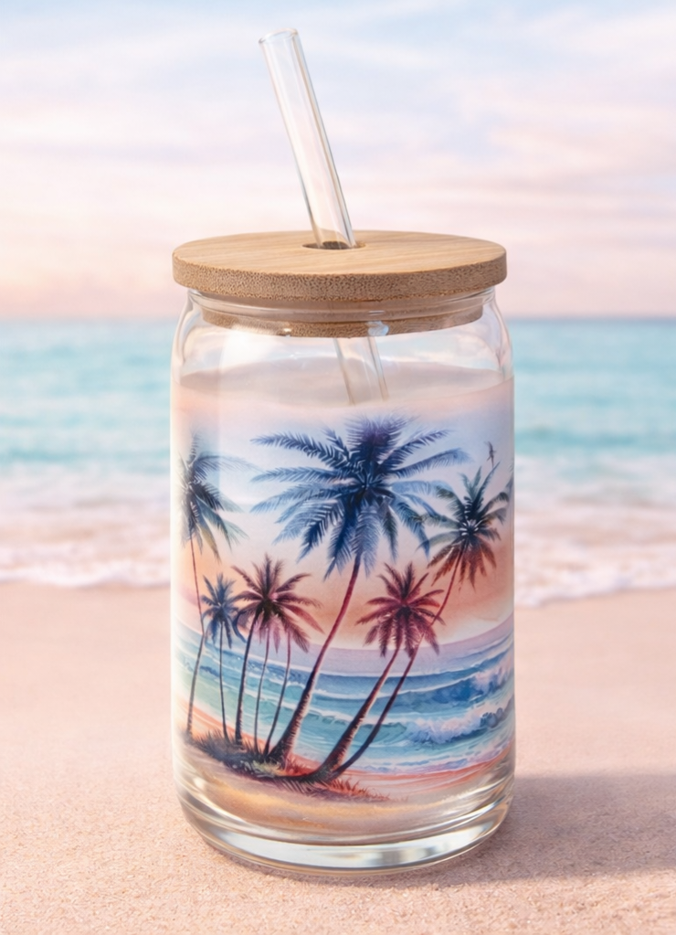 Tropical Sunset Glass Cup with Bamboo Lid & Straw