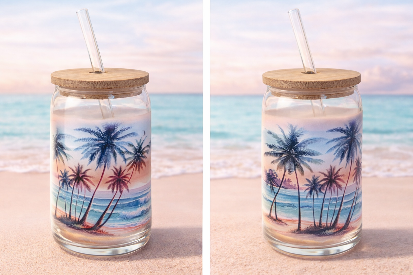 Tropical Sunset Glass Cup with Bamboo Lid & Straw