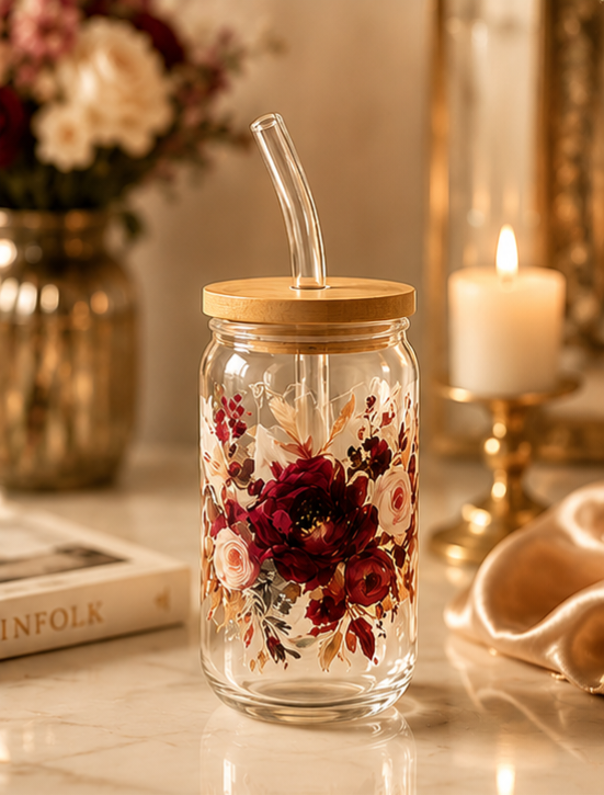 Burgundy Floral Glass Can Cup with Bamboo Lid & Glass Straw