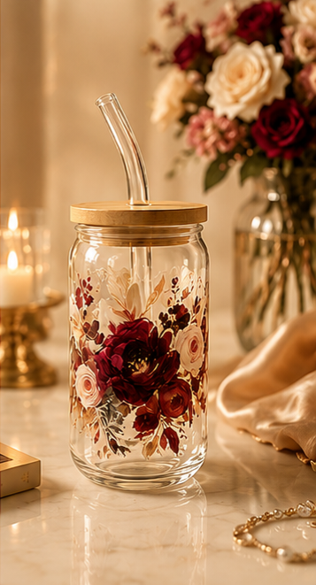Burgundy Floral Glass Can Cup with Bamboo Lid & Glass Straw