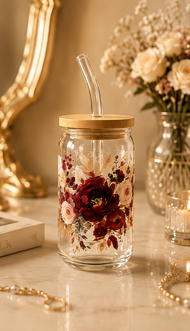 Burgundy Floral Glass Can Cup with Bamboo Lid & Glass Straw