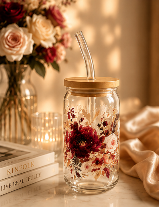 Burgundy Floral Glass Can Cup with Bamboo Lid & Glass Straw