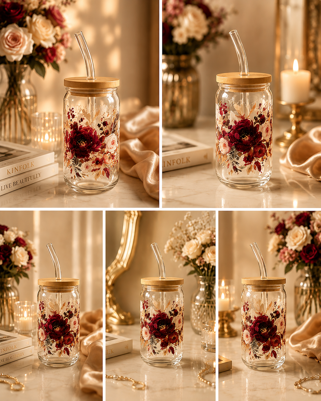 Burgundy Floral Glass Can Cup with Bamboo Lid & Glass Straw