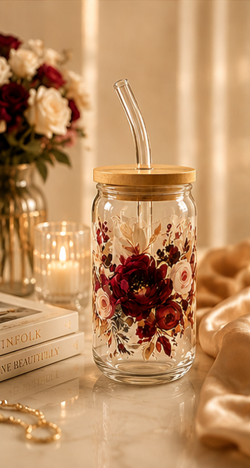 Burgundy Floral Glass Can Cup with Bamboo Lid & Glass Straw