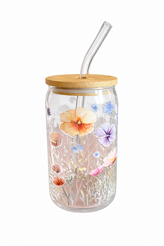 Floral Glass Tumbler with Bamboo Lid & Glass Straw