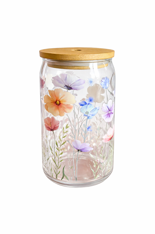 Floral Glass Tumbler with Bamboo Lid & Glass Straw