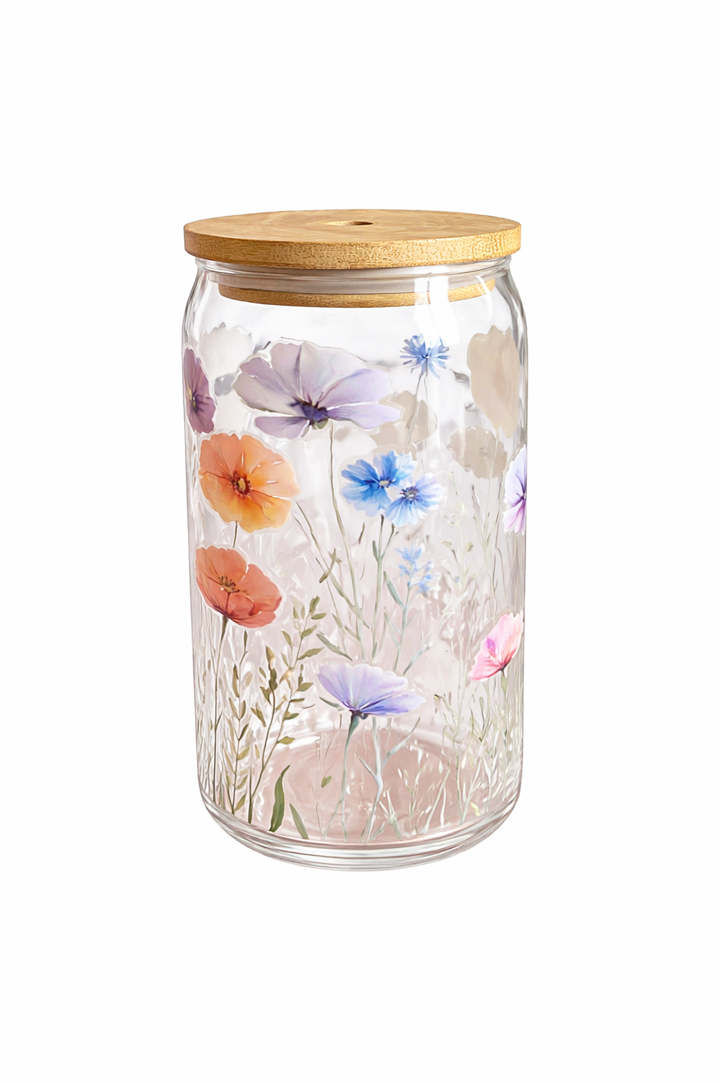 Floral Glass Tumbler with Bamboo Lid & Glass Straw
