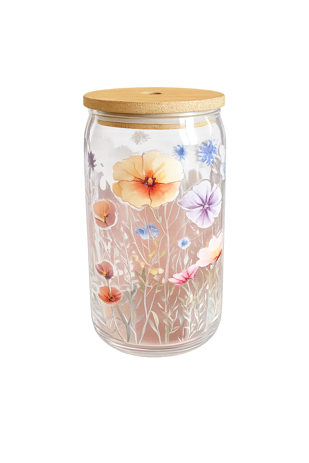Floral Glass Tumbler with Bamboo Lid & Glass Straw