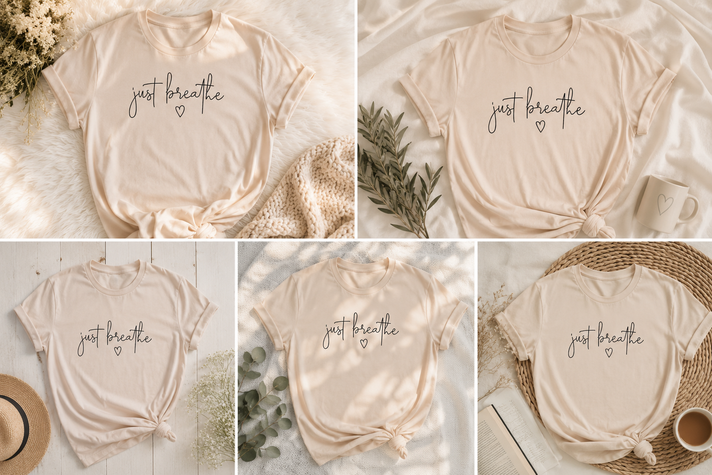 Just Breathe Graphic Tee - Soft Neutral Inspirational Shirt