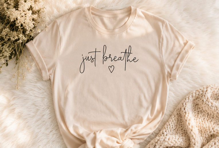 Just Breathe Graphic Tee - Soft Neutral Inspirational Shirt