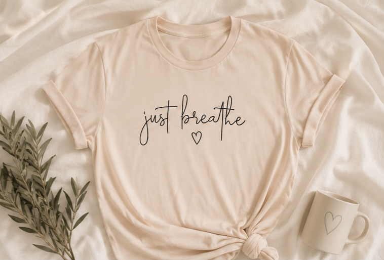 Just Breathe Graphic Tee - Soft Neutral Inspirational Shirt